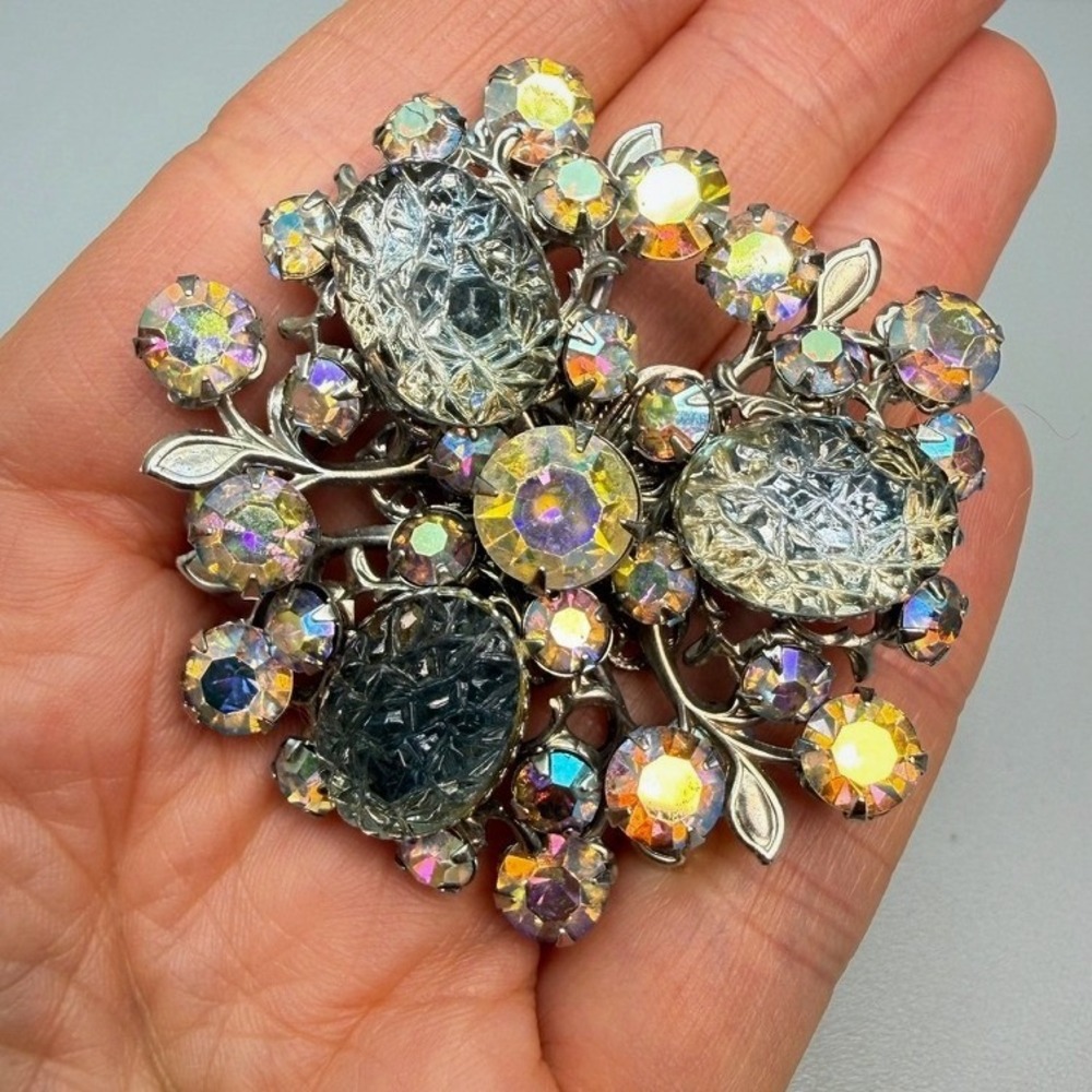 Vintage AB Rhinestone Lava Glass Brooch Silver Tone Large Floral MCM Statement